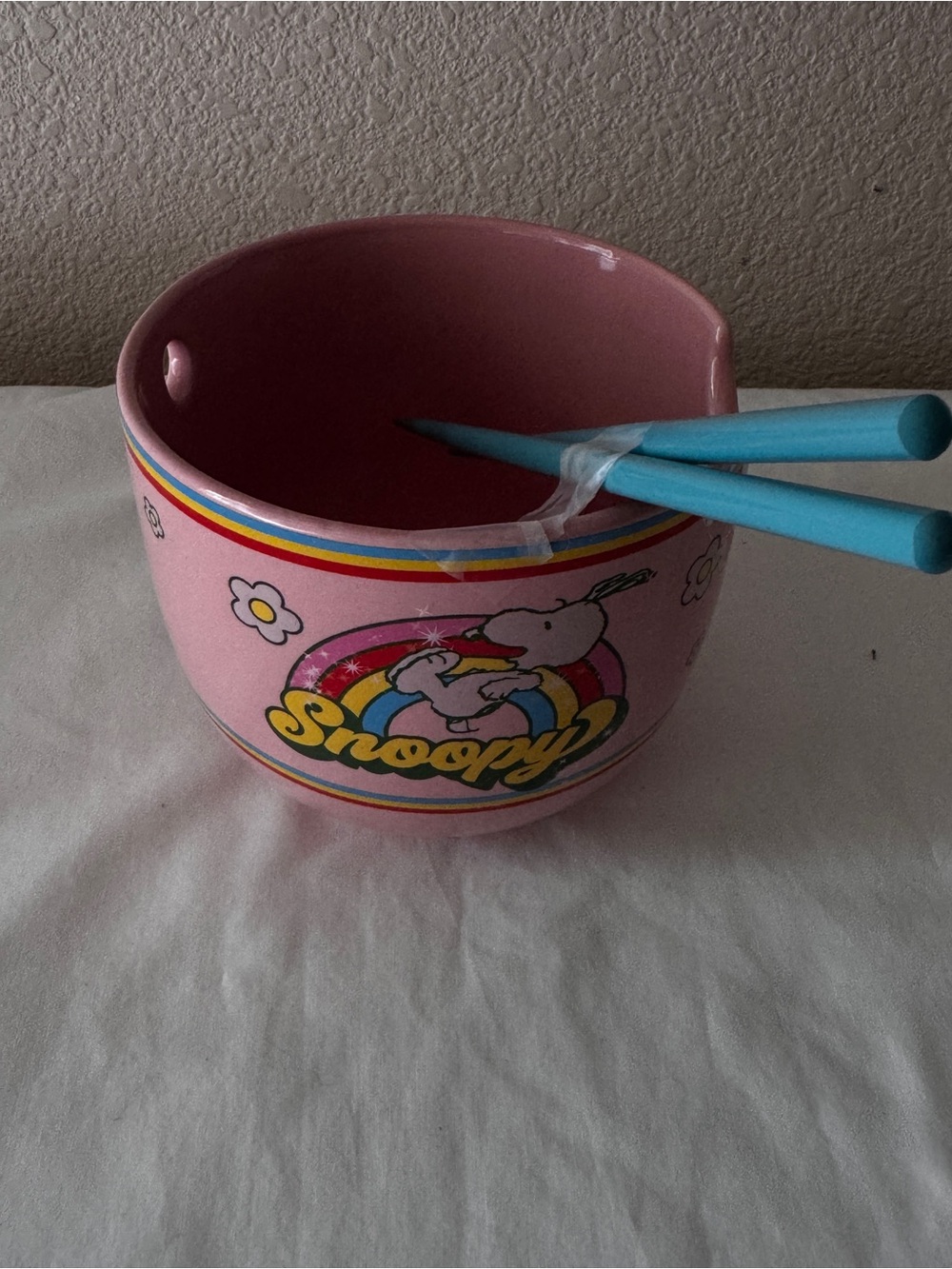 Peanuts Pink Snoopy Rainbow Bowl with Blue Chopsticks